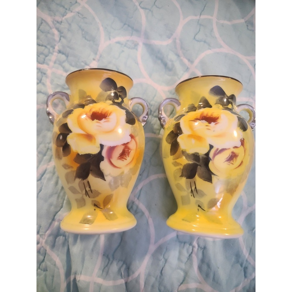 Vtg Pair Gold Castle Chikusa Vases Hand Painted Yellow Roses Japan Double Handle